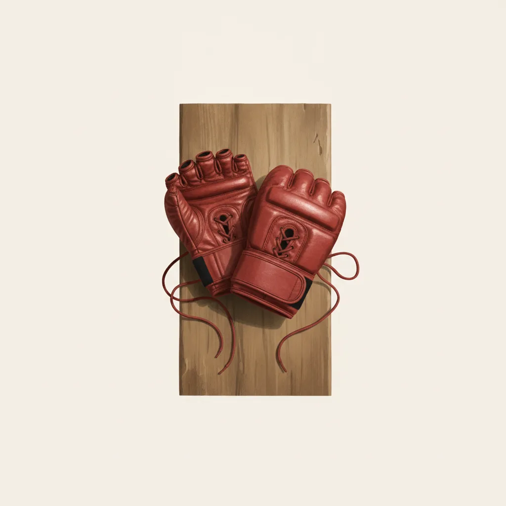 Gants de MMA rouge brique posés sur un banc de vestiaire en bois, lacets défaits